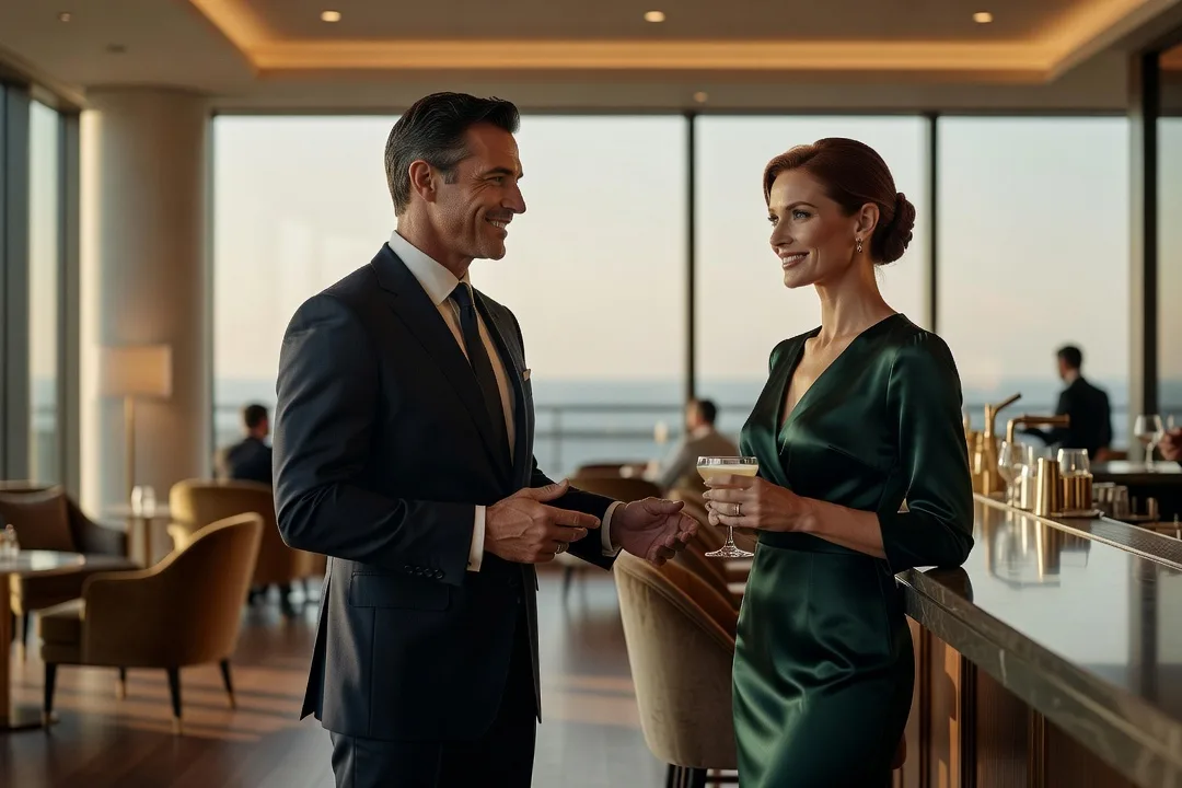 Un homme élégant échange avec une femme sophistiquée dans le lounge d'un hôtel.