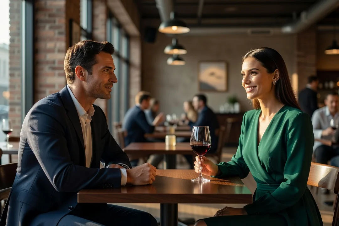 Un homme échange avec une femme élégante dans un bar à vins.