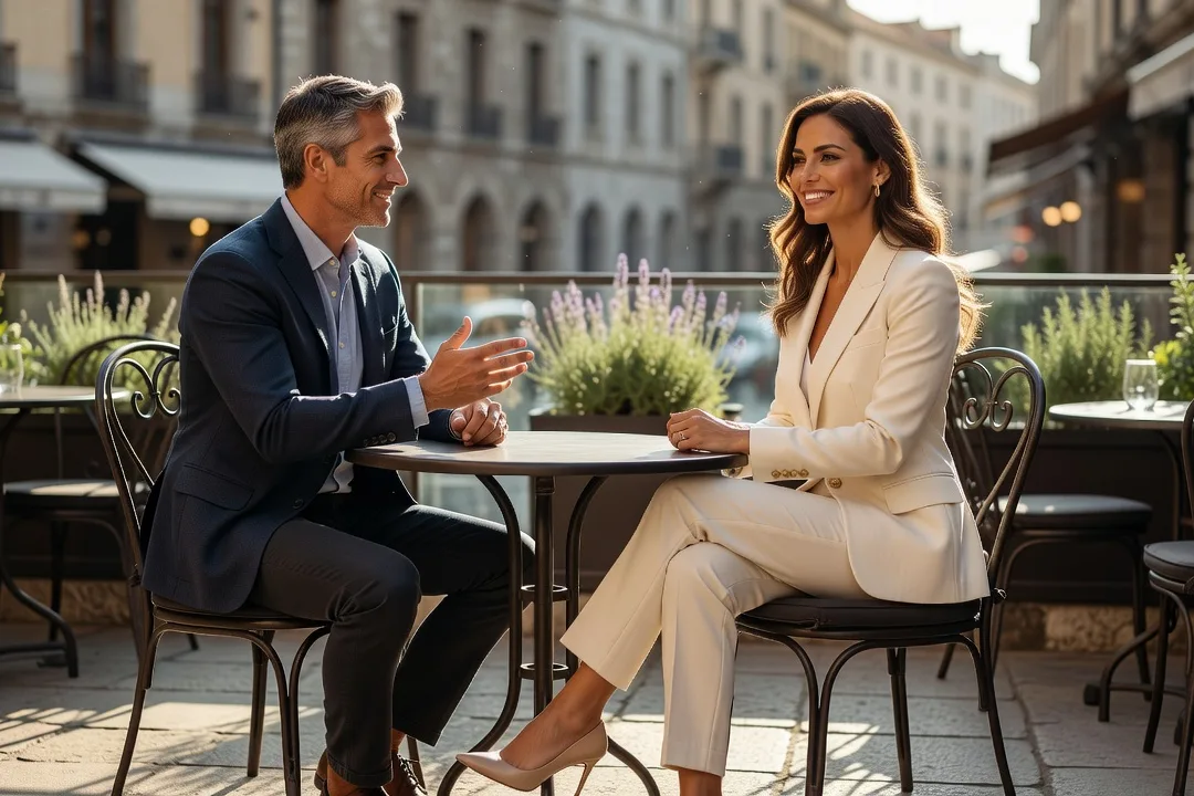 Un homme adulte engage une conversation souriante avec une femme élégante en terrasse.