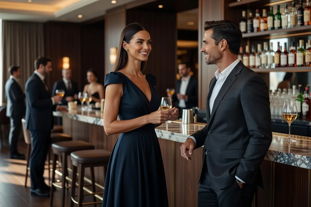 Homme adulte échangeant avec assurance avec une femme élégante dans un bar