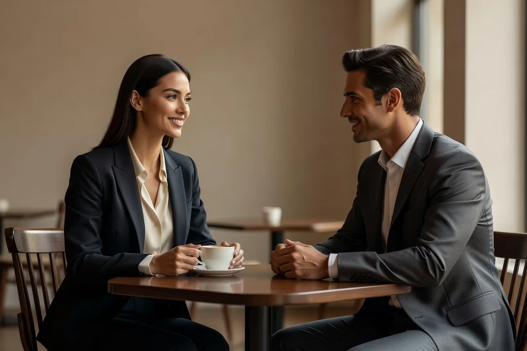 Jeune femme réservée souriant à un homme attentif dans un café calme