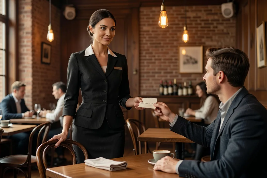 Un client adulte remet discrètement son numéro à une serveuse élégante dans un bistrot.