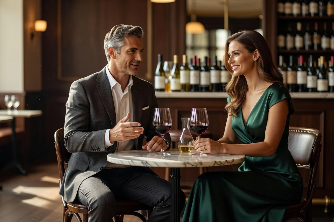 Un homme élégant échange naturellement avec une femme très belle dans un bar chic.