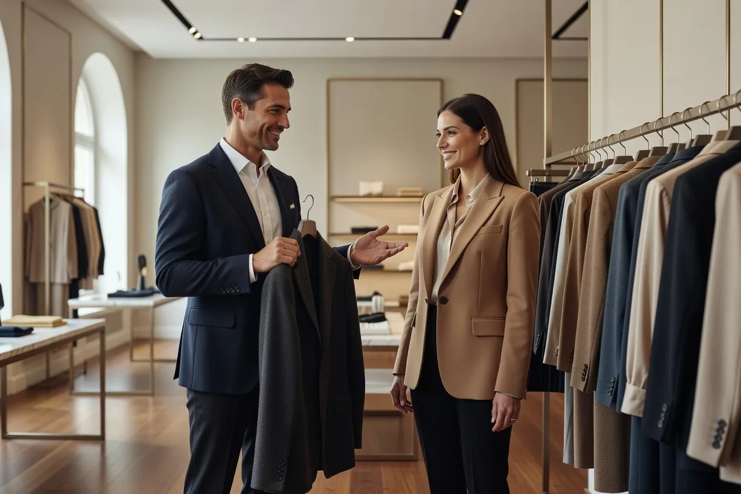 Client adulte échange avec une vendeuse élégante près d'un portant de vêtements