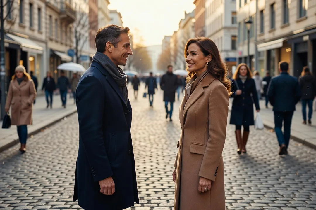 Un homme adulte sourit et regarde une femme élégante dans une rue piétonne.