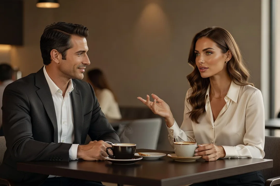 Un homme adulte écoute attentivement une femme élégante lors d'un rendez-vous au café.