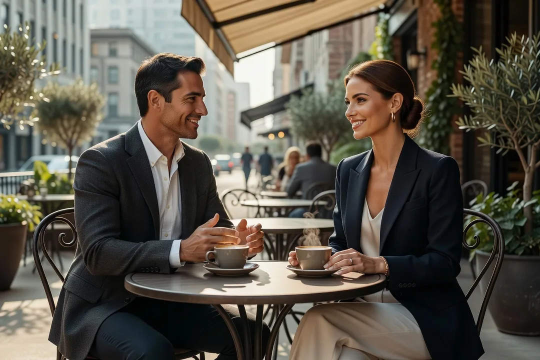 Un homme adulte échange sereinement avec une femme élégante à la terrasse d'un café.
