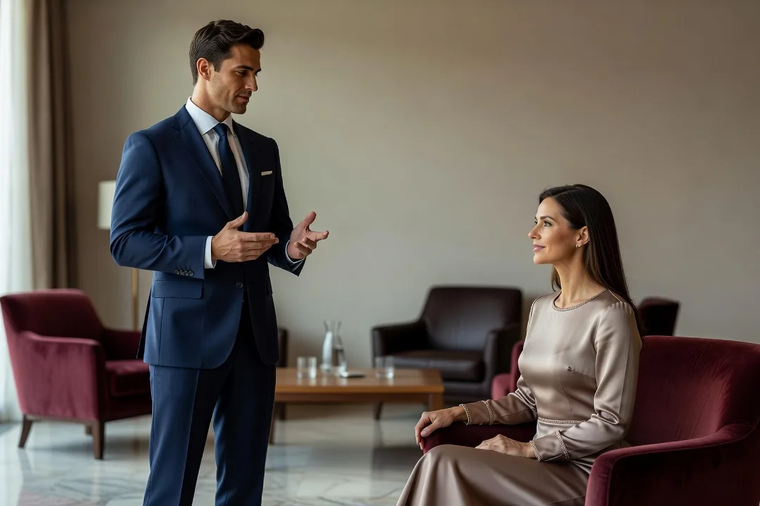 Homme adulte en costume échangeant calmement avec une femme élégante dans un salon
