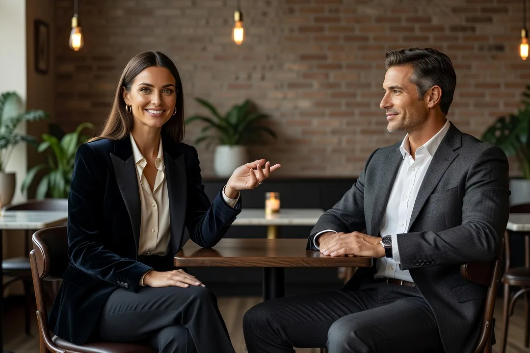 Un homme écoute attentivement une femme élégante souriante dans un café lumineux.