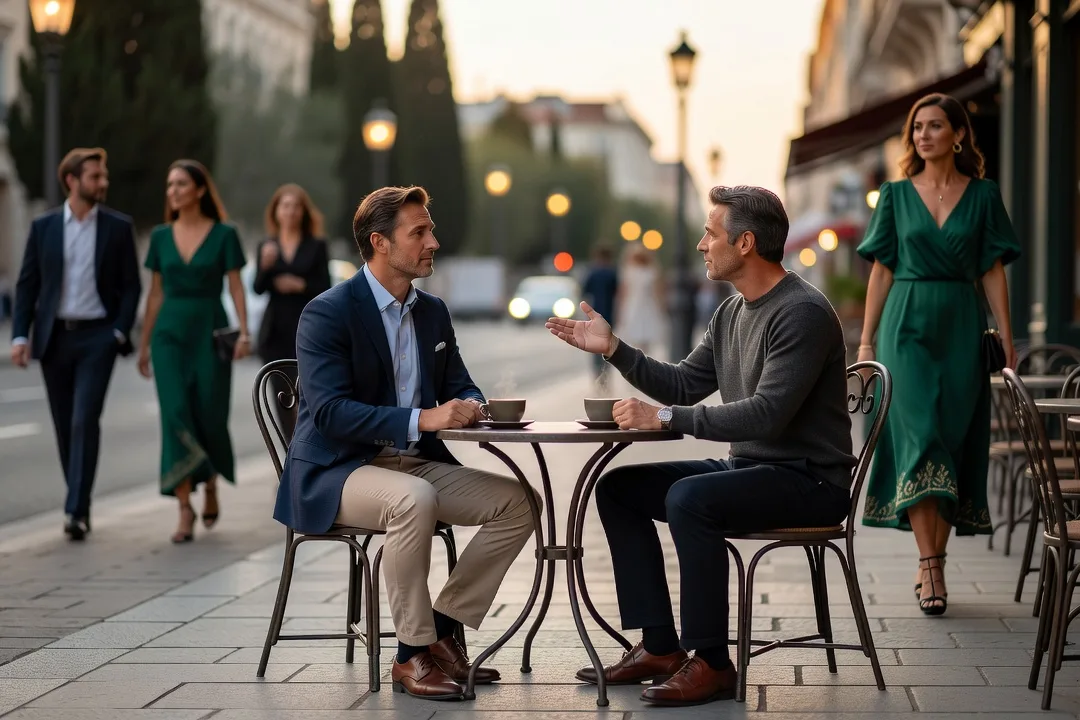 Deux hommes adultes échangent des conseils à la terrasse d'un café animé.