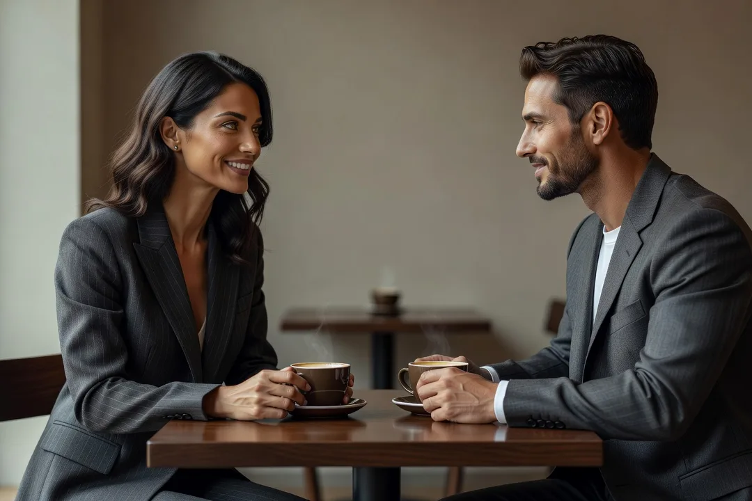 Une femme élégante discute sereinement avec un homme attentif dans un café lumineux.