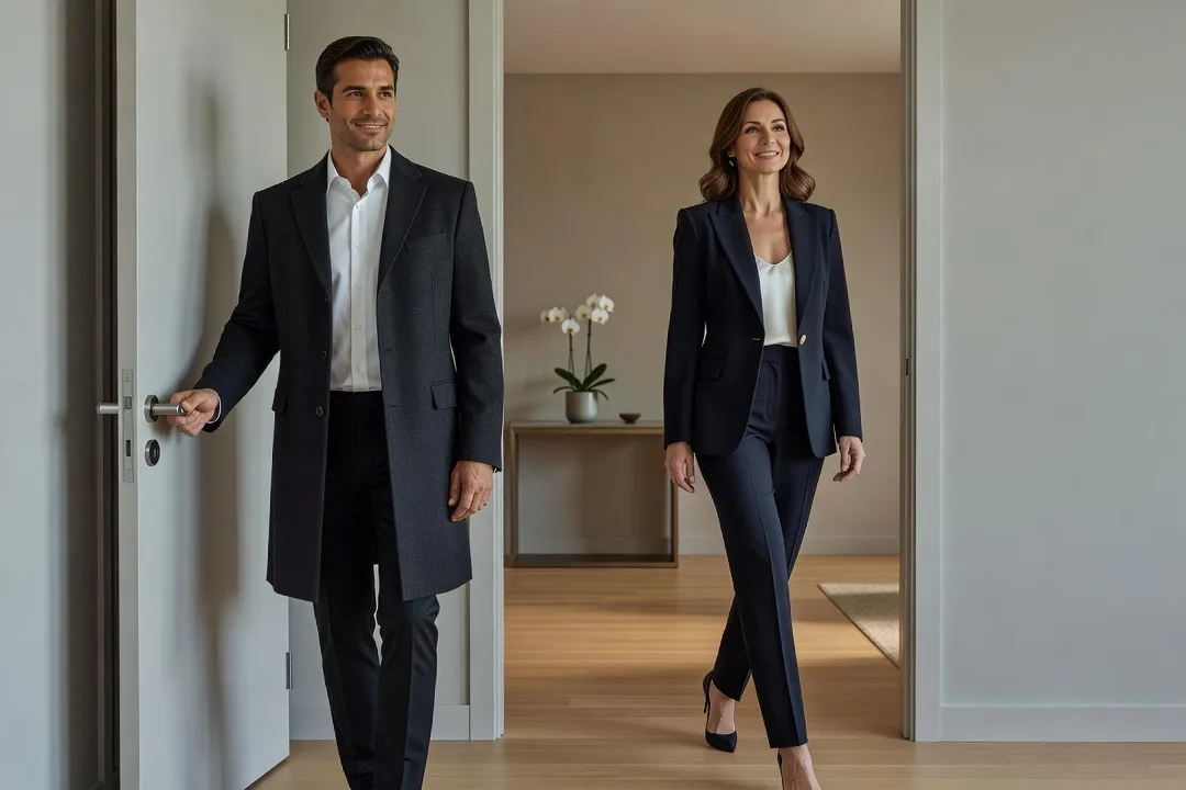 Un homme adulte accueille une femme élégante à l'entrée de son appartement.