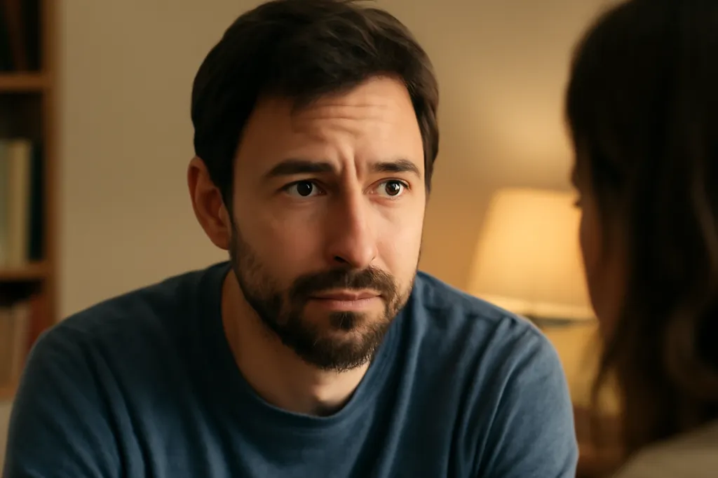 Homme reflechi lors d'une conversation avec sa partenaire