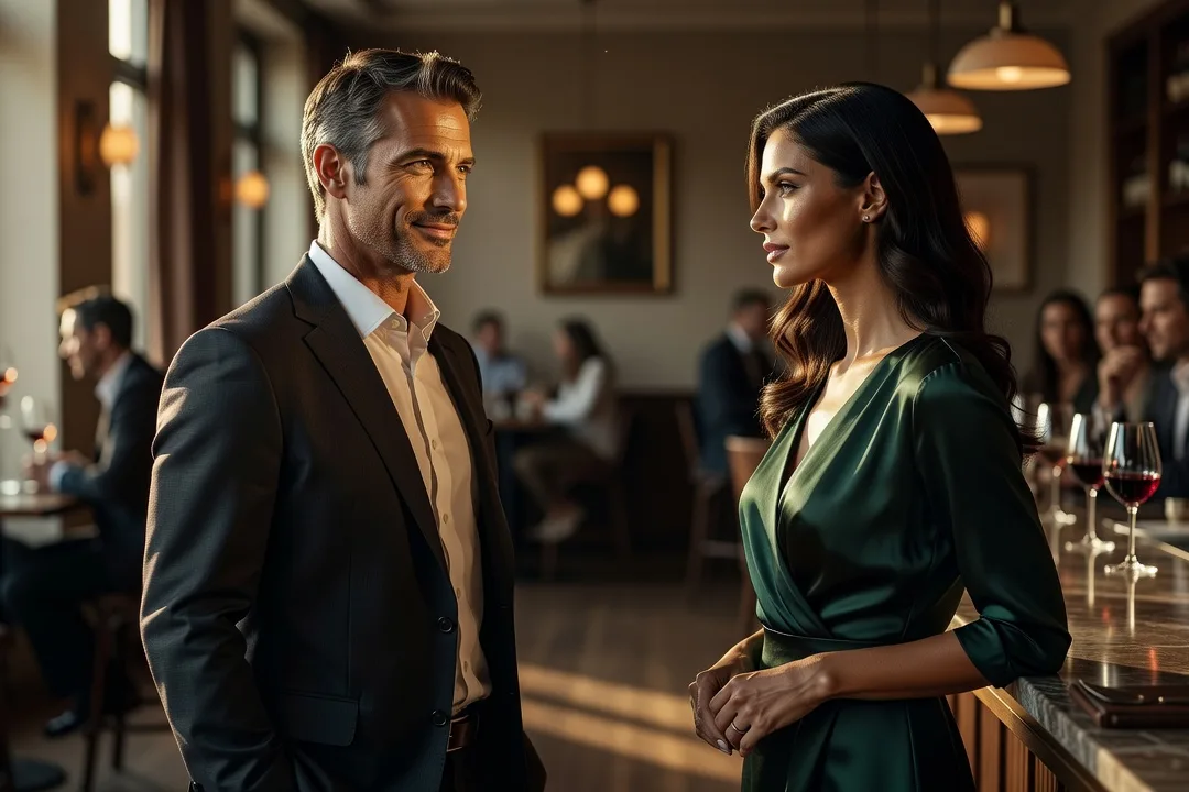 Un homme élégant échange un regard complice avec une femme dans un bar chic.