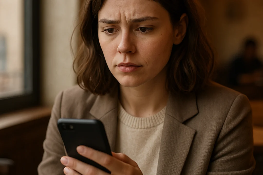 Jeune femme analysant un profil de rencontre sur son téléphone avec une expression vigilante