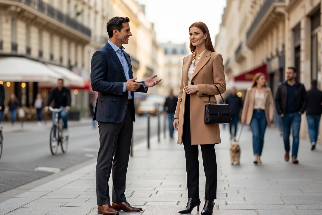 Un homme adulte échange poliment avec une femme élégante sur un trottoir parisien.