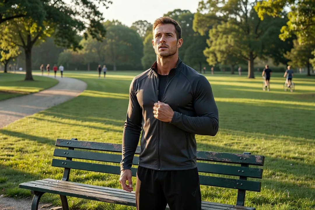 Homme adulte sportif ajustant sa veste après un entraînement matinal au parc