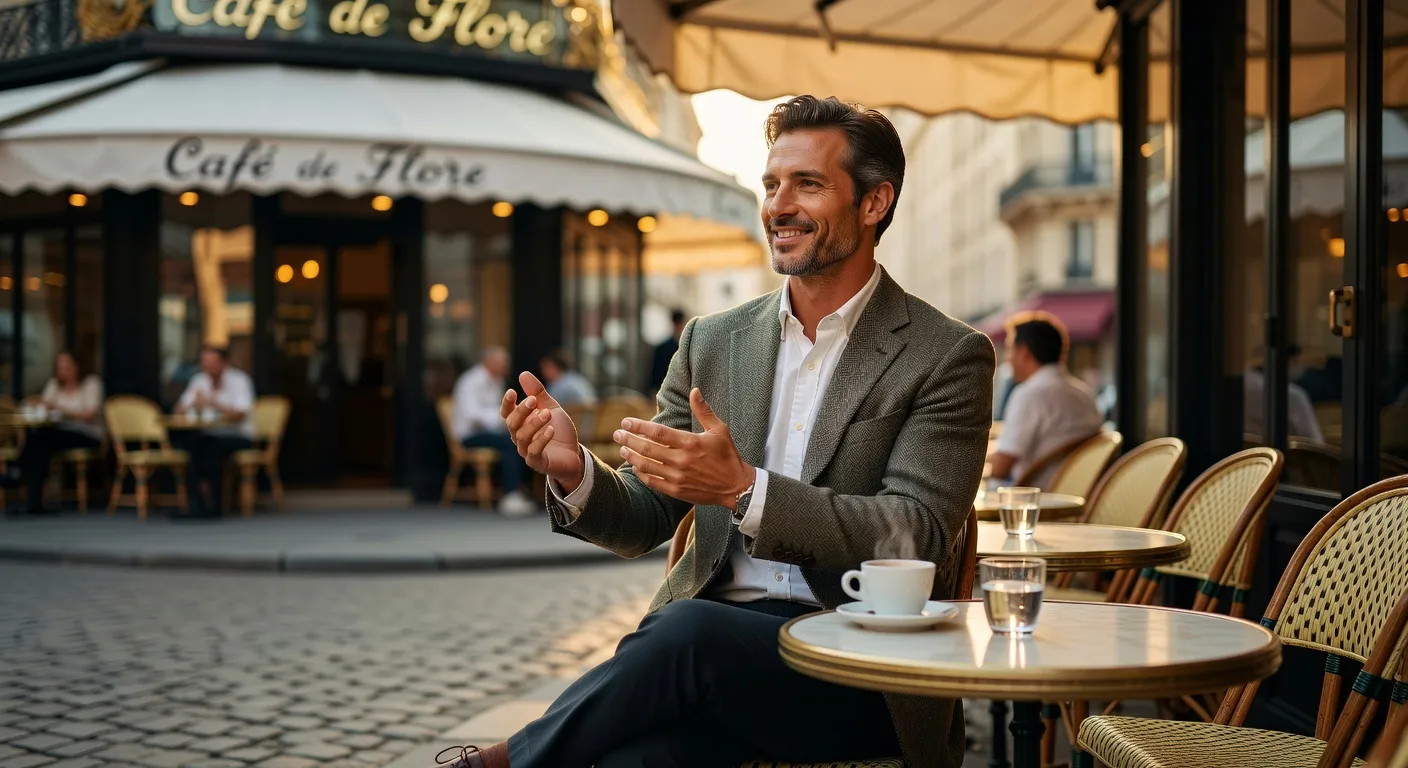 Homme en conversation, posture ouverte et détendue
