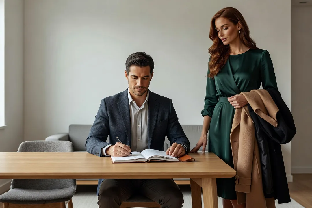 Un homme organise son agenda pendant que sa partenaire attend pour sortir.