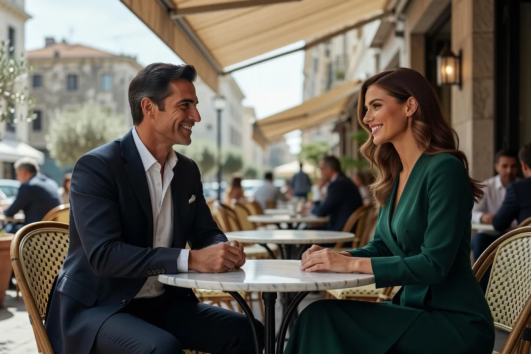 Un homme soigné échange avec une femme élégante à la terrasse d'un café.