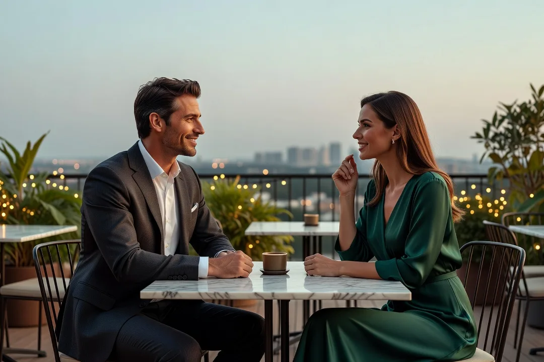 Un couple élégant échange un regard complice à la terrasse d'un restaurant.