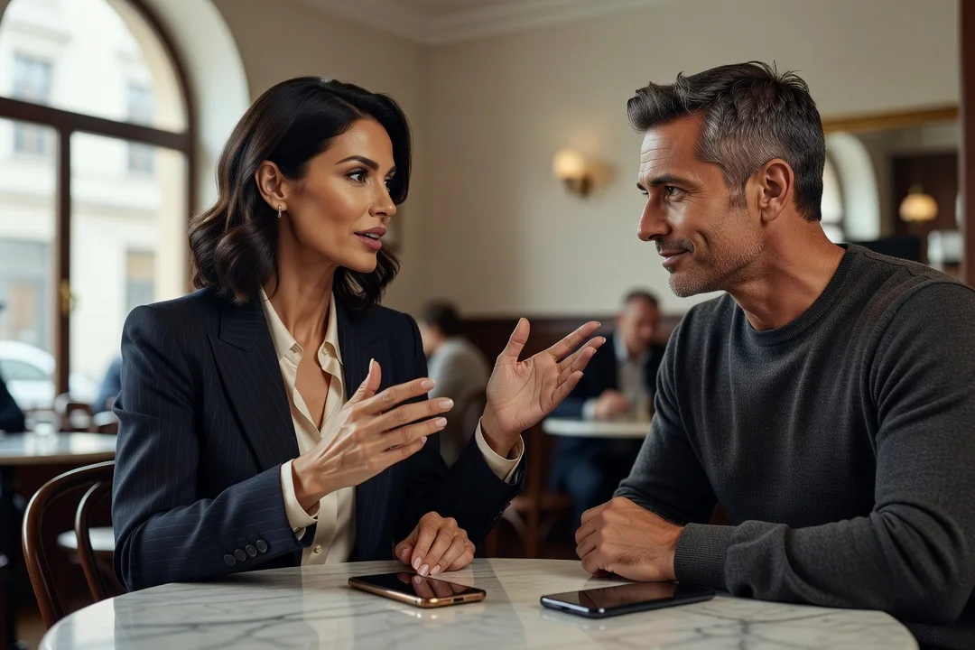 Un homme écoute attentivement une femme élégante lors d'une conversation au café.