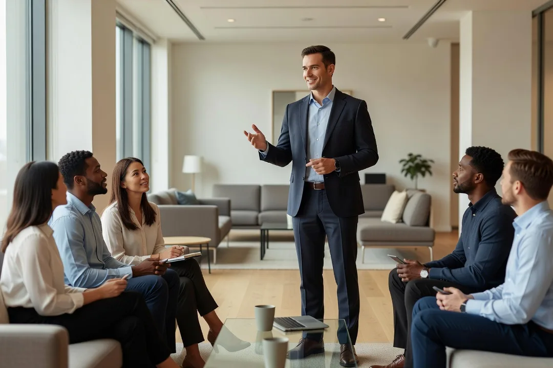 Un homme adulte mène calmement une discussion avec plusieurs collègues attentifs dans un salon professionnel.