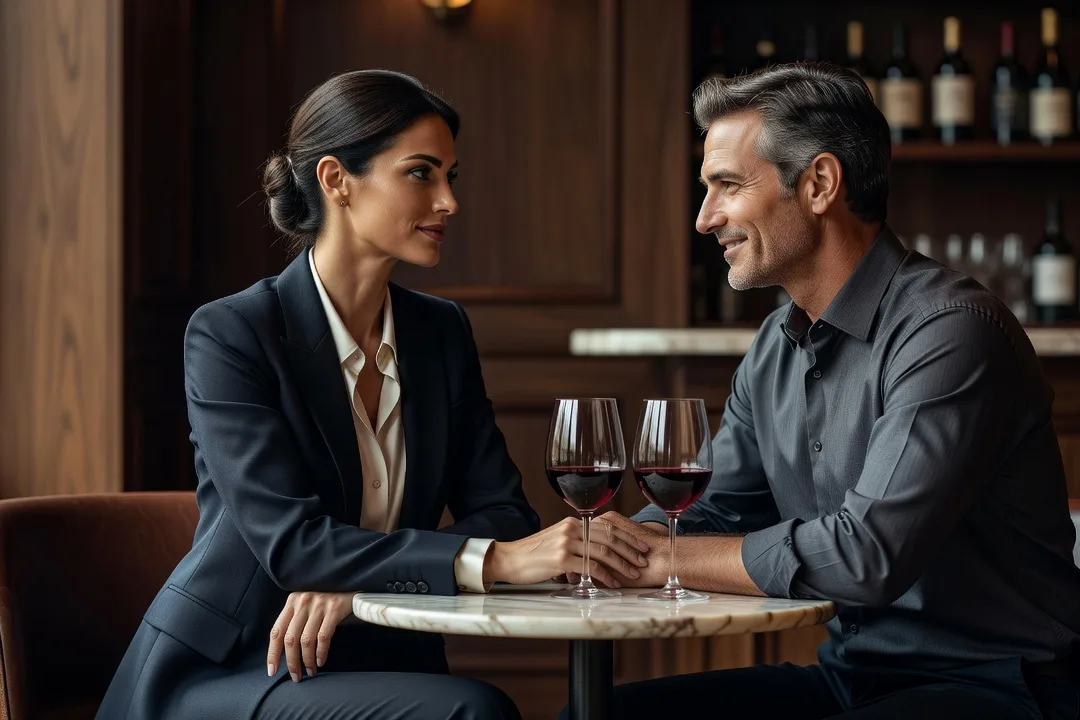 Femme élégante touchant légèrement l'avant-bras d'un homme pendant une conversation au bar.