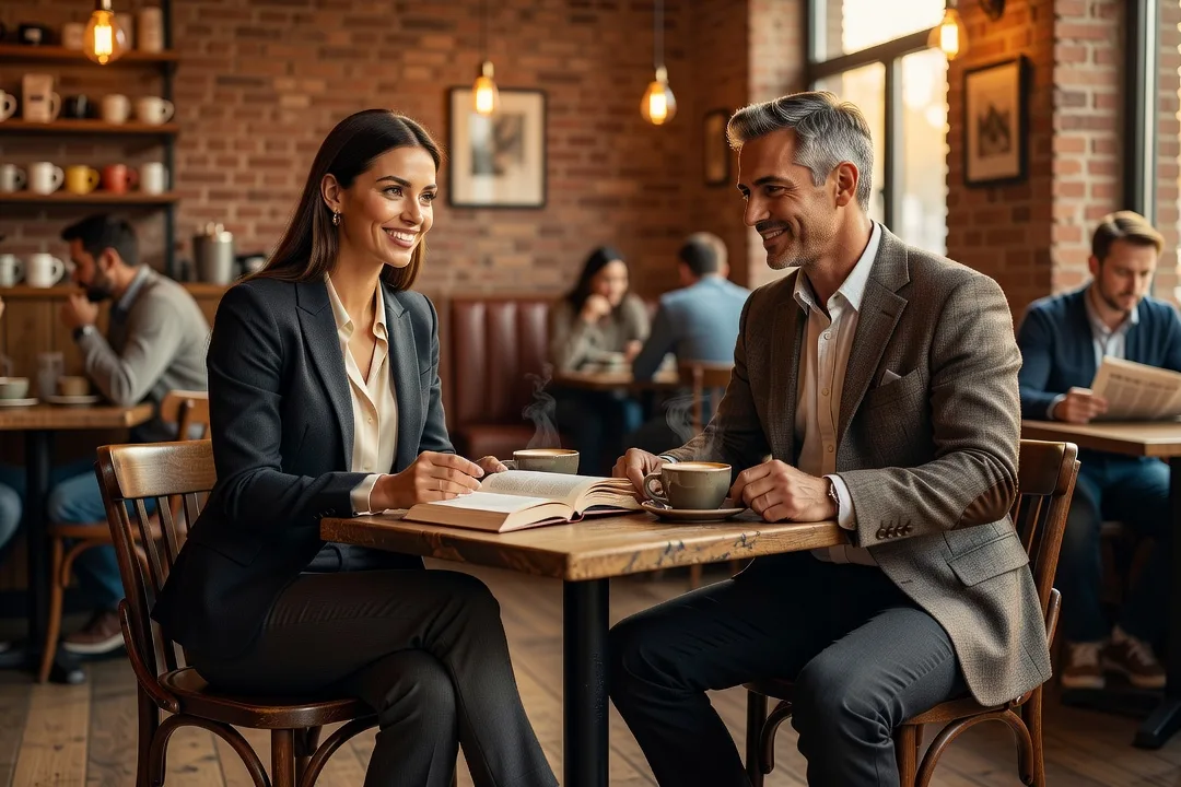 Deux adultes échangent avec sourire autour d'un café dans un établissement chaleureux.