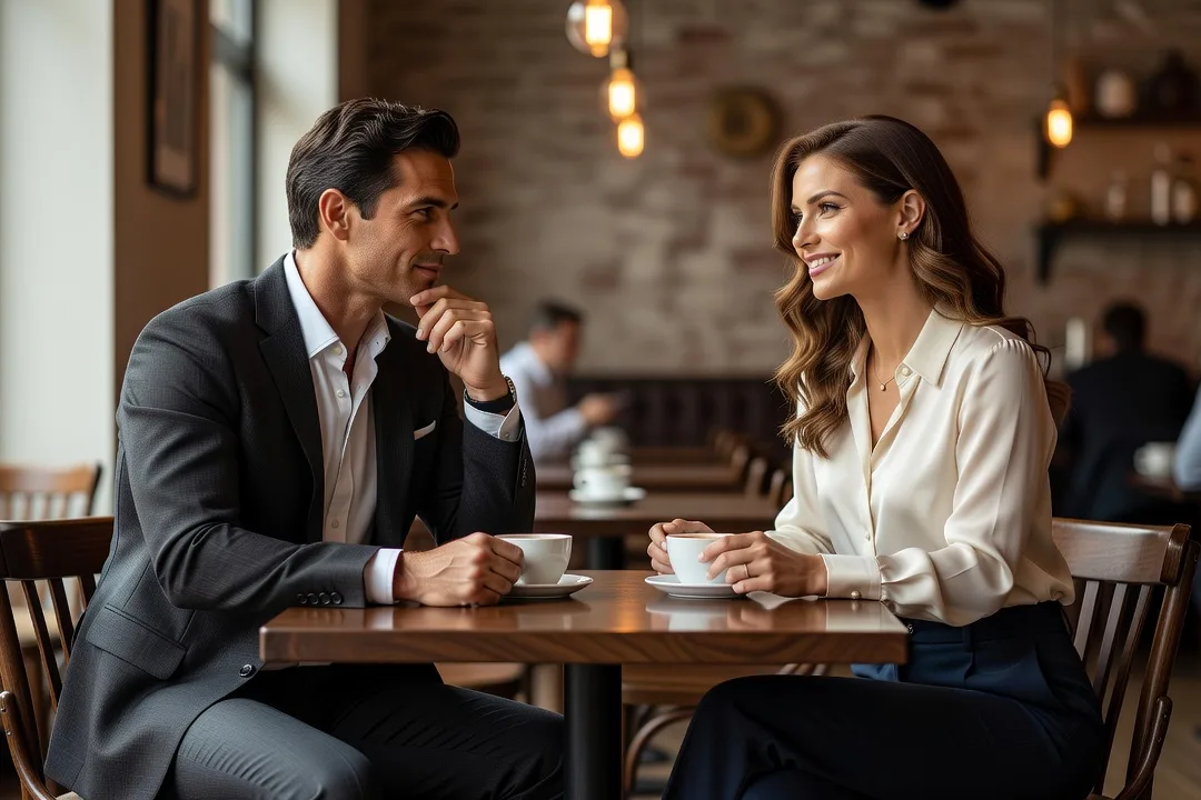 Un homme et une femme élégante discutent attentivement dans un café lumineux.