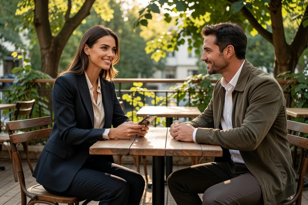 Deux adultes se rencontrent à une terrasse, téléphone posé face cachée sur la table.