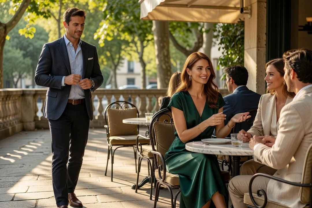 Un homme adulte hésite à rejoindre une conversation avec une femme élégante en terrasse.