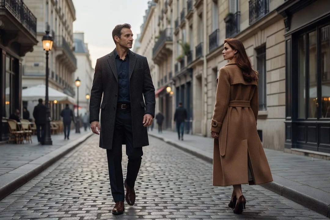 Homme adulte marchant droit derrière une femme élégante sur un trottoir parisien
