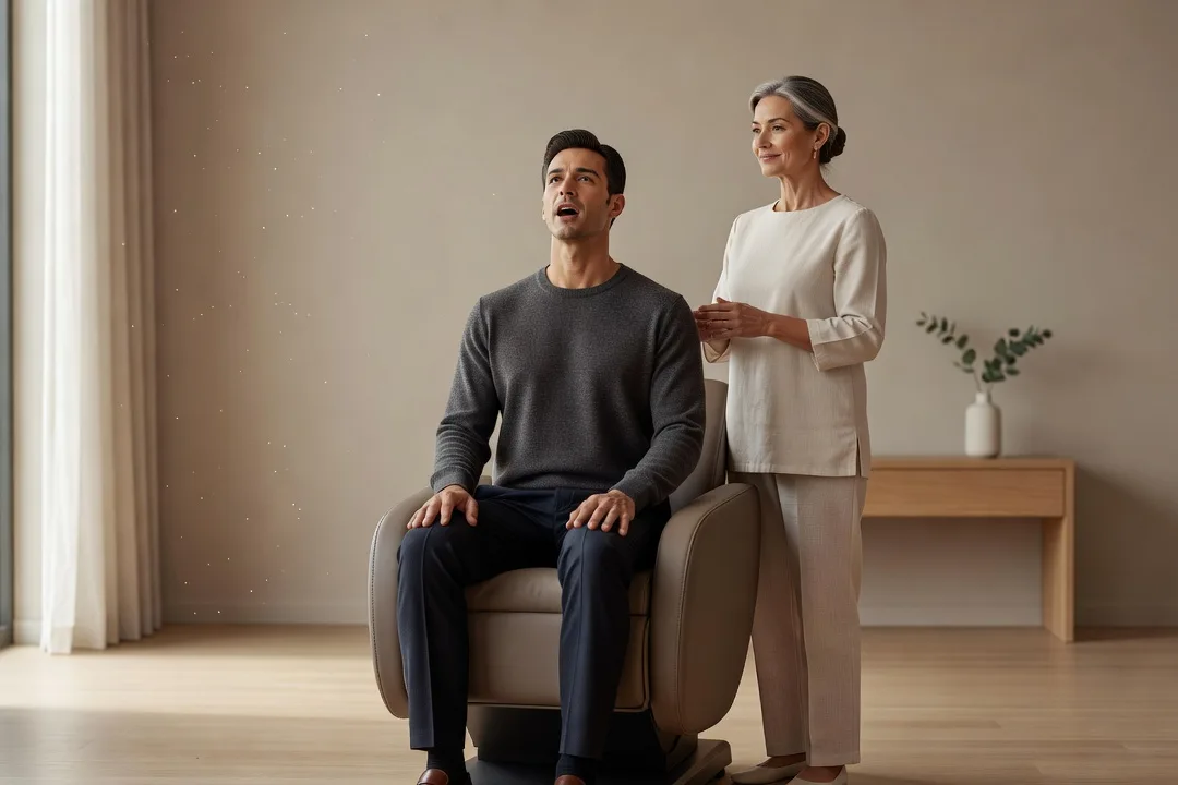 Homme adulte assis après un massage des épaules, posture ouverte et regard détendu