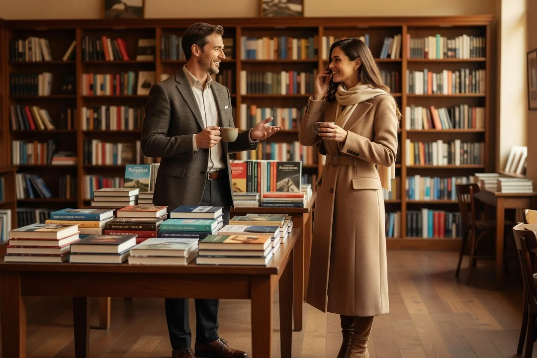 Un homme adulte engage spontanément la conversation avec une femme élégante dans une librairie-café.