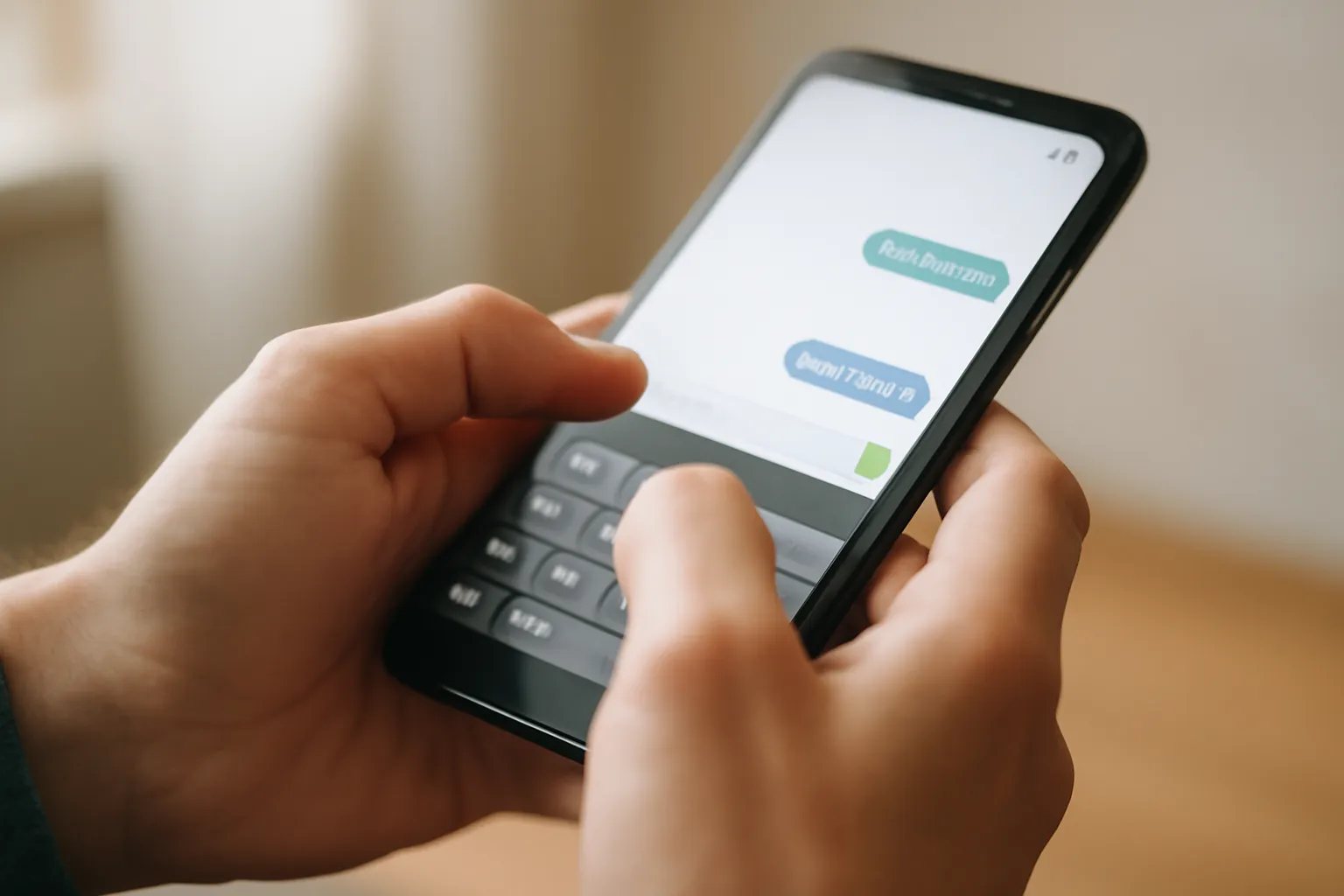 Homme composant un message sur son téléphone avec confiance