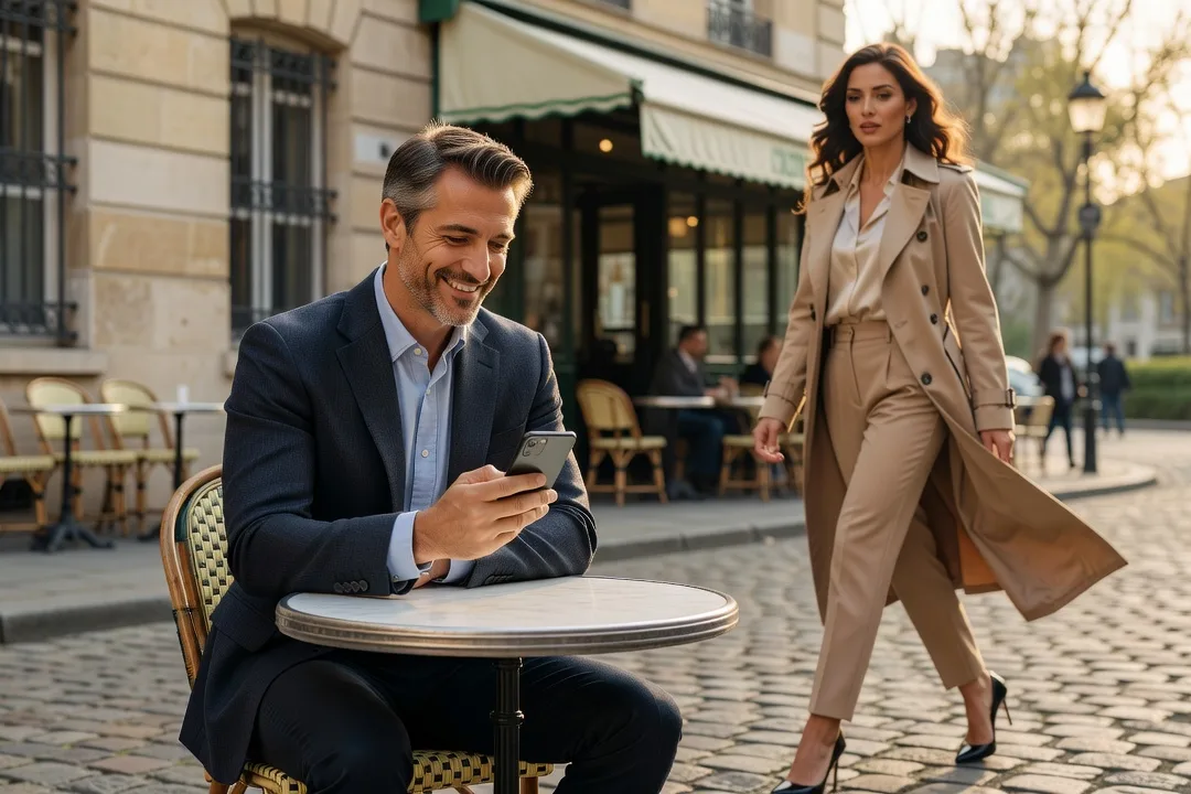 Un homme envoie un message avant de retrouver une femme élégante au café.
