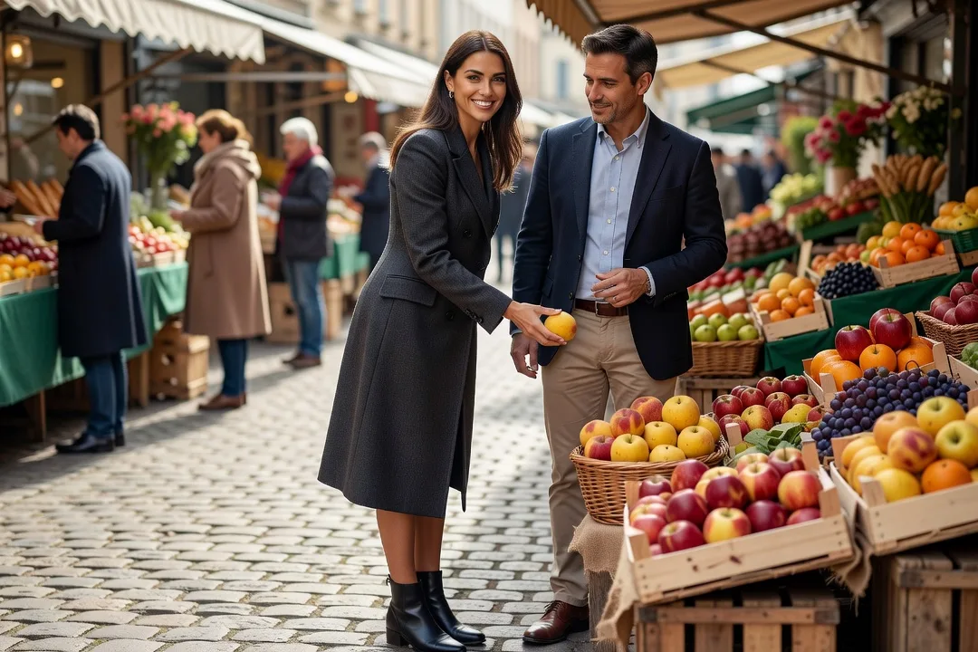 Une femme élégante échange un sourire avec un homme devant un étal de marché.