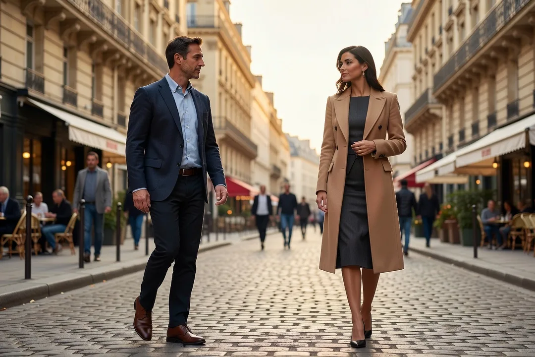 Un homme adulte avance sereinement vers une femme élégante dans une rue parisienne.