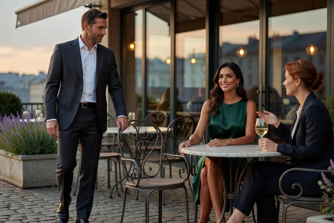 Un homme adulte s'approche calmement d'une femme élégante en terrasse.