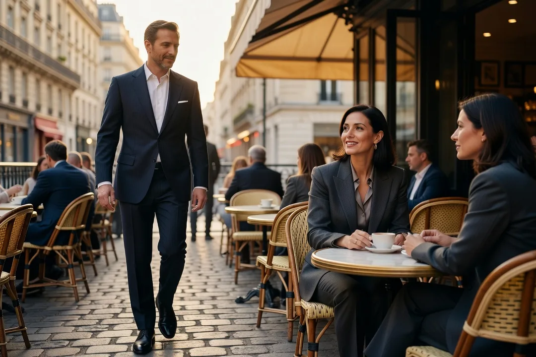 Un homme adulte aborde calmement une femme élégante sur une terrasse de café.