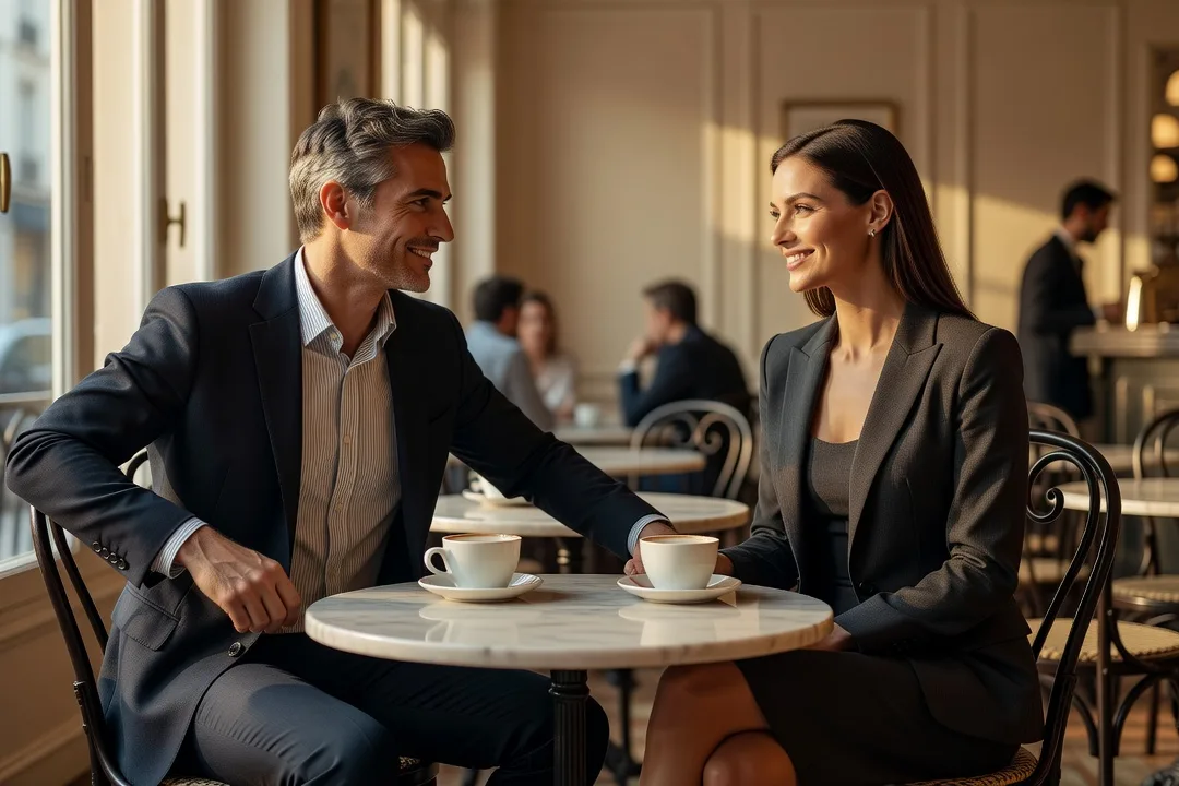 Un homme adulte engage une conversation souriante avec une femme élégante dans un café.