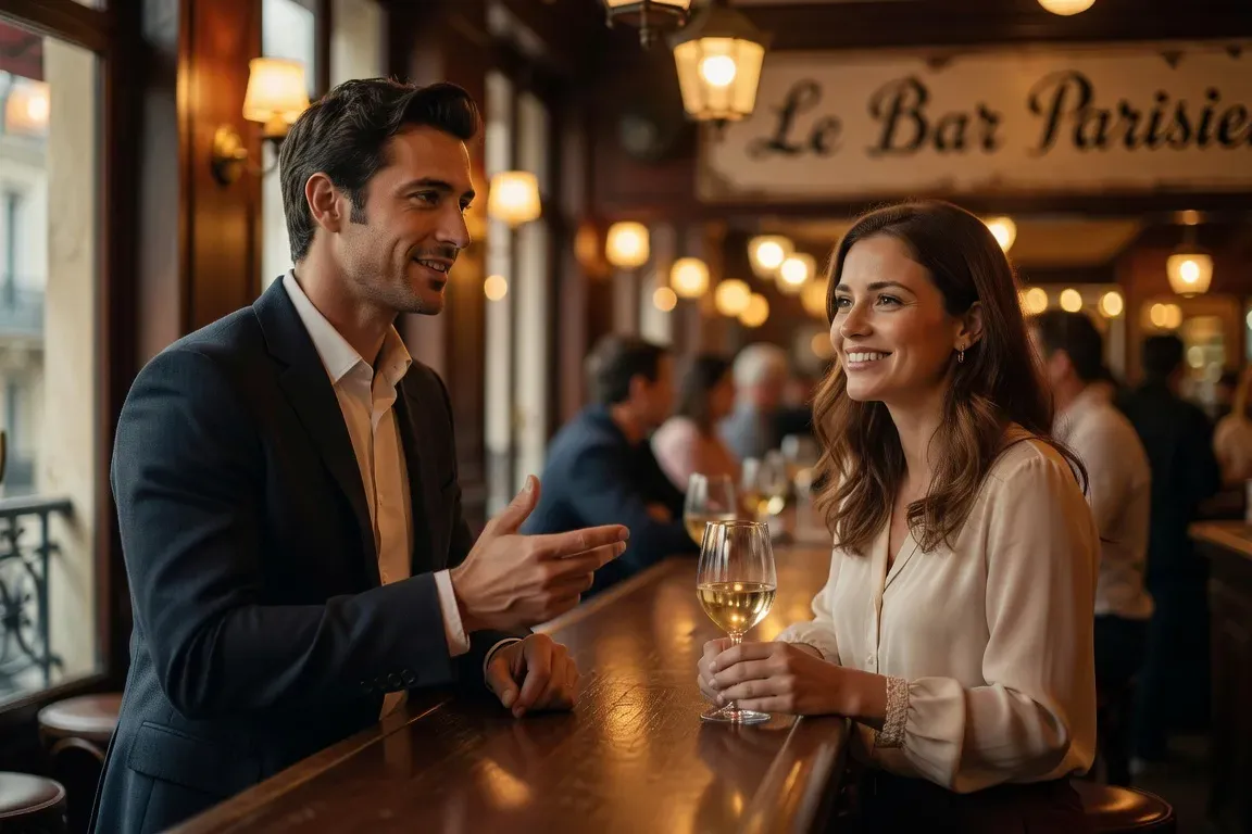 Homme engageant une conversation avec assurance dans un bar