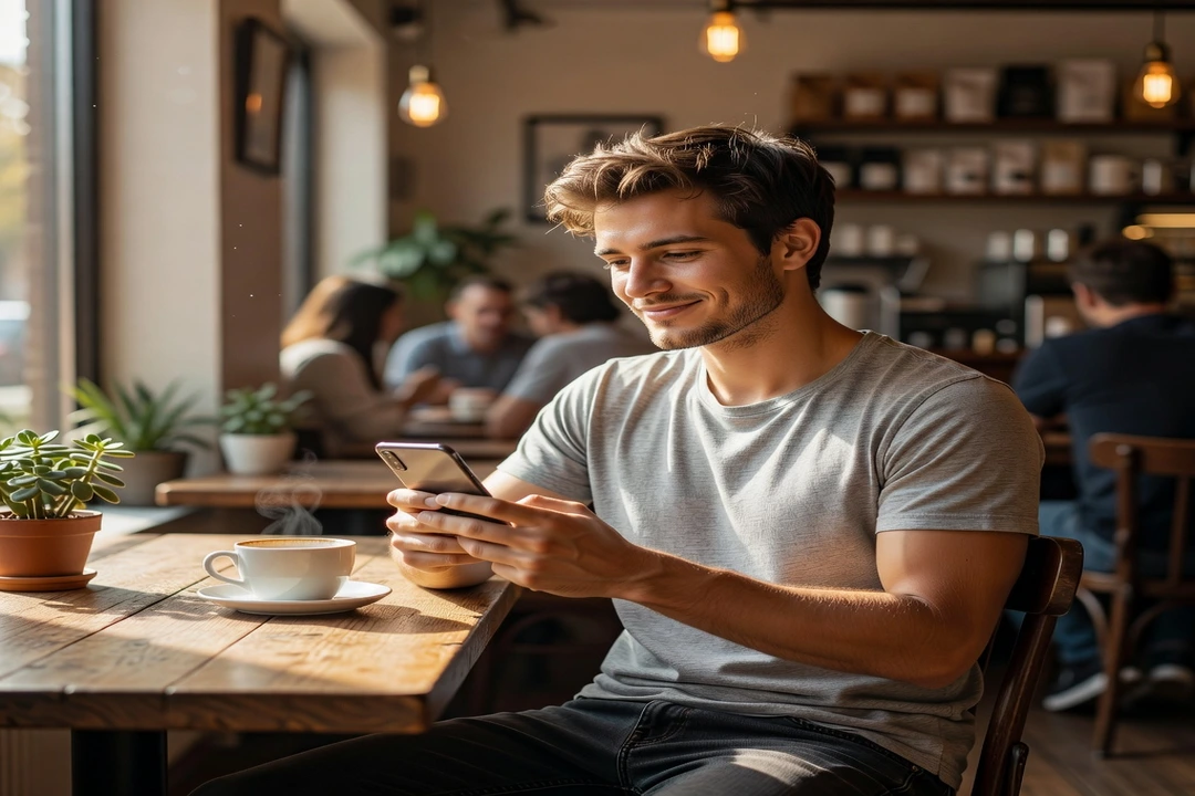 Homme détendu consultant calmement son téléphone dans un café