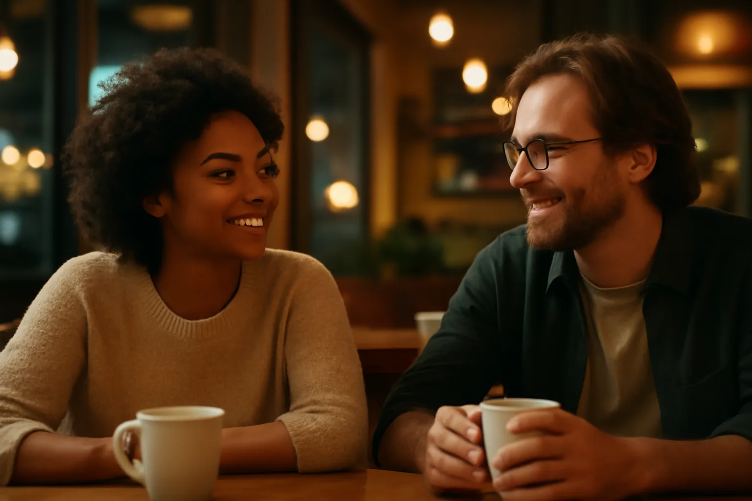Deux personnes en pleine conversation détendue dans un café