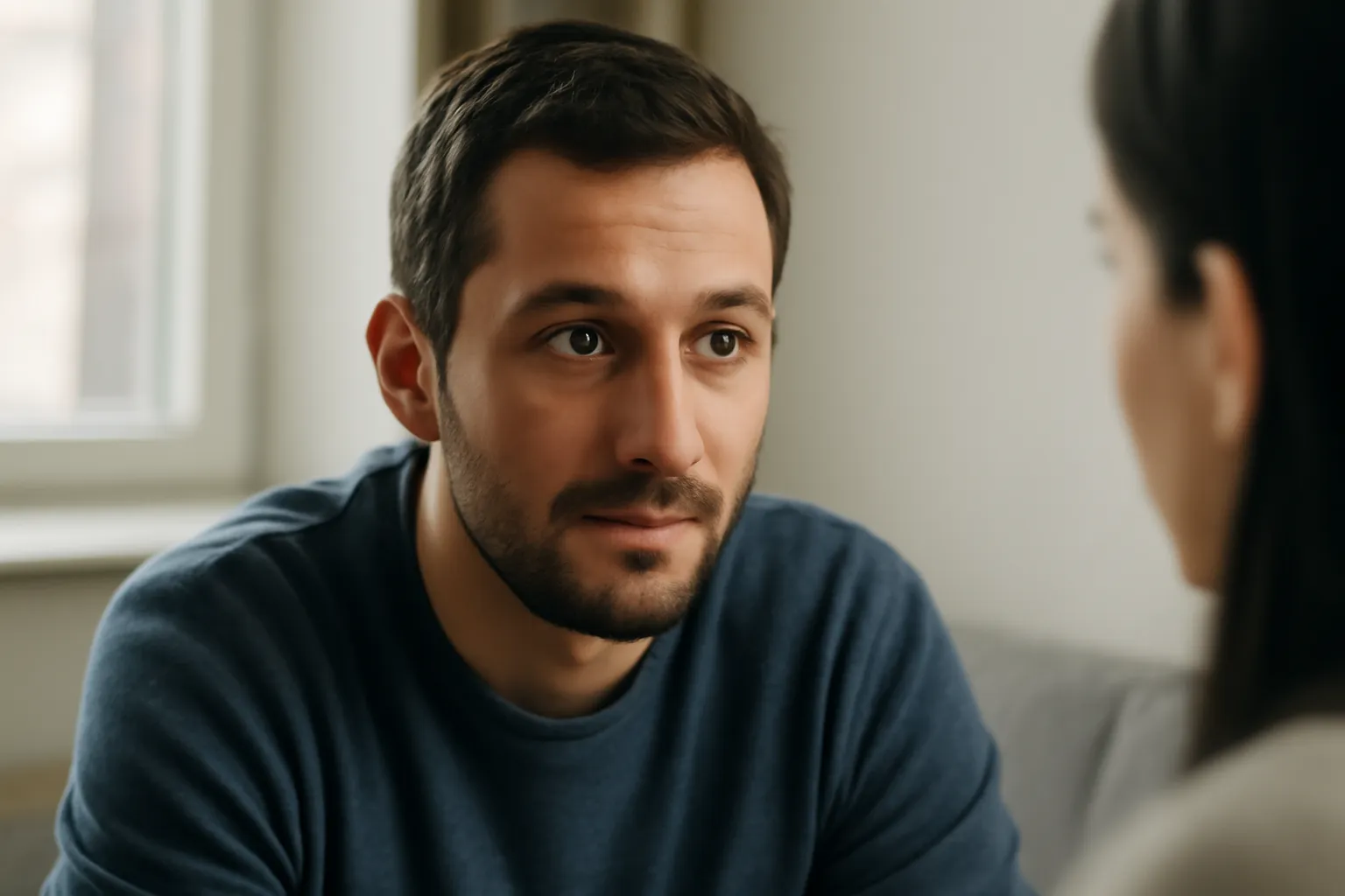 Homme attentif écoutant activement une femme lors d’une première rencontre