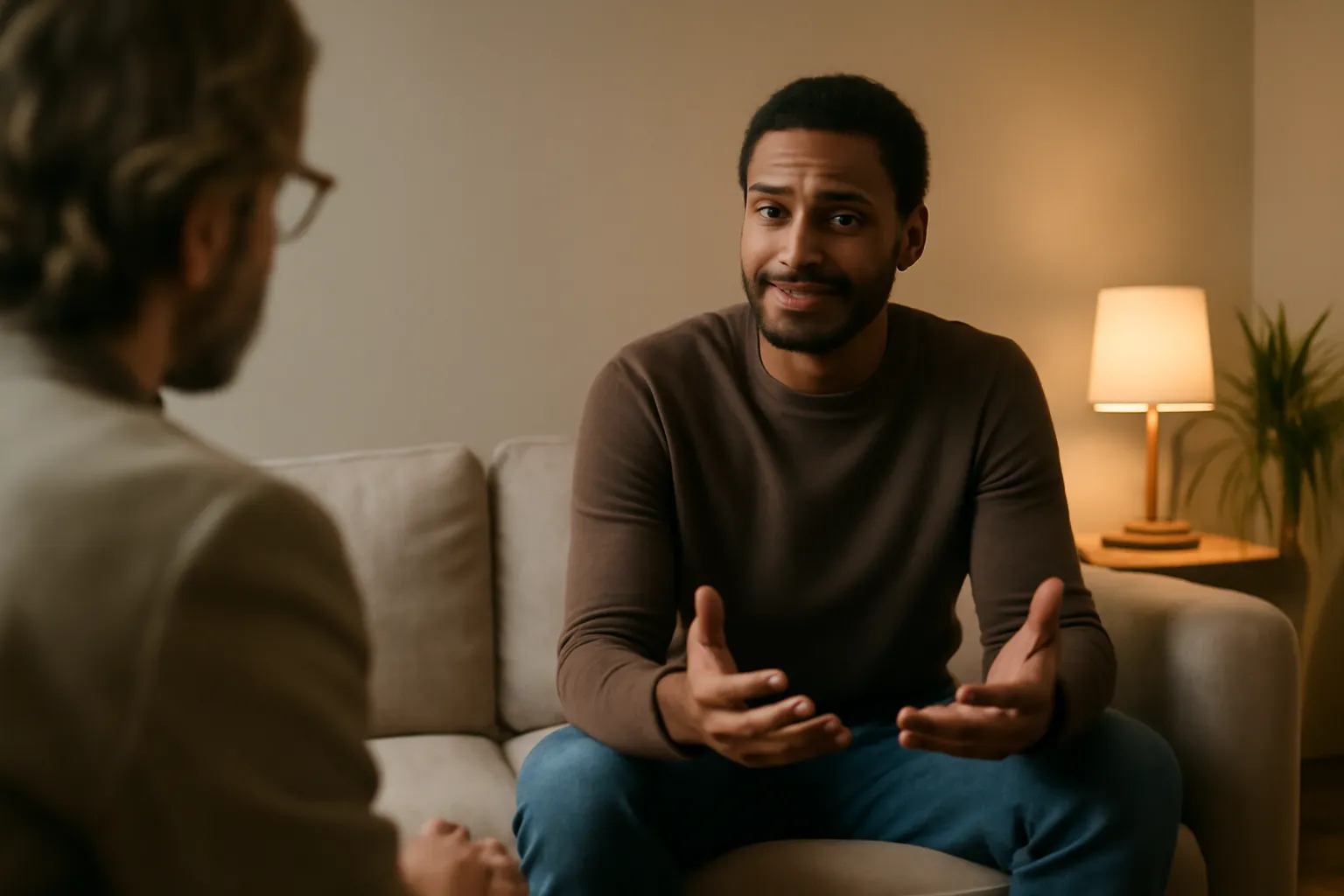 Homme en consultation thérapeutique évoquant ses relations amoureuses