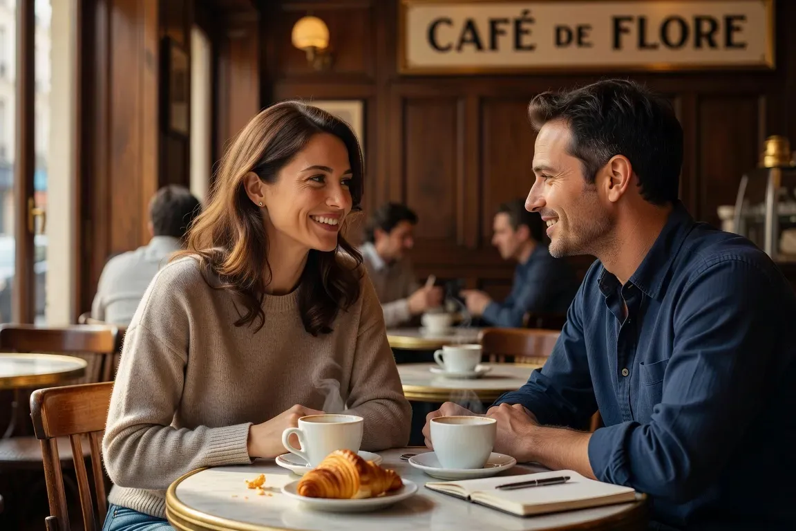 Femme souriante lors d'une rencontre naturelle dans un café — dynamique d'attraction réelle