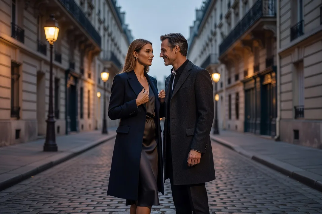 Deux adultes élégants se regardent avant un possible baiser au terme d'un rendez-vous.
