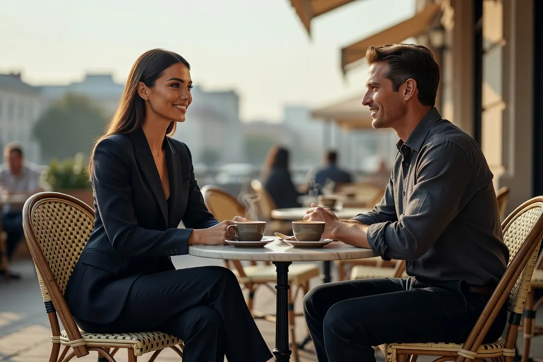 Une femme élégante et un homme adultes discutent autour d'un café en terrasse.